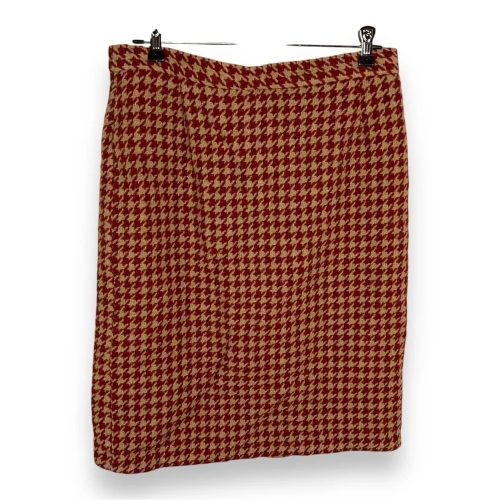 SIZE 10 VINTAGE A GIANNETTI WOOL SKIRT HOUNDSTOOTH BEIGE RED ACADEMIA